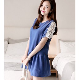 韓國拼接花邊修身連衣裙(藍色) J-11283