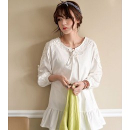 韓版氣質學院風文藝綁帶蕾絲荷葉邊襯衫連衣裙(白色) J-11994