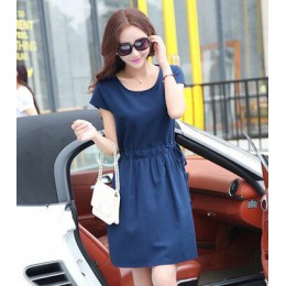 中裙夏裝亞麻修身短袖裙(藍色） J-11985