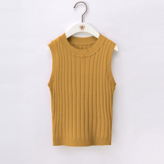 韓版純色短款性感高腰露臍針織背心上衣外穿無袖吊帶衫(黃色) J-13228
