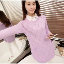 韓版針織襯衫領套頭寬鬆提花中長款毛衣打底衫(紫色) J-12845