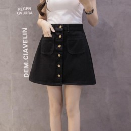韓國東大門排口牛仔裙時髦大口袋A字高腰牛仔短裙(深藍色)(XL) J-13345