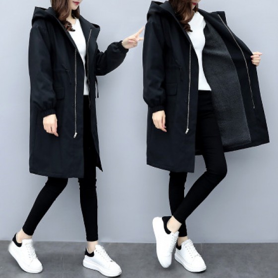 韓版寬鬆顯瘦小個子風衣女中長款流行外套(黑色) J-14372