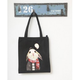 環保袋帆布包復古單肩包手提環保購物袋(兔子)(白色) J-13334
